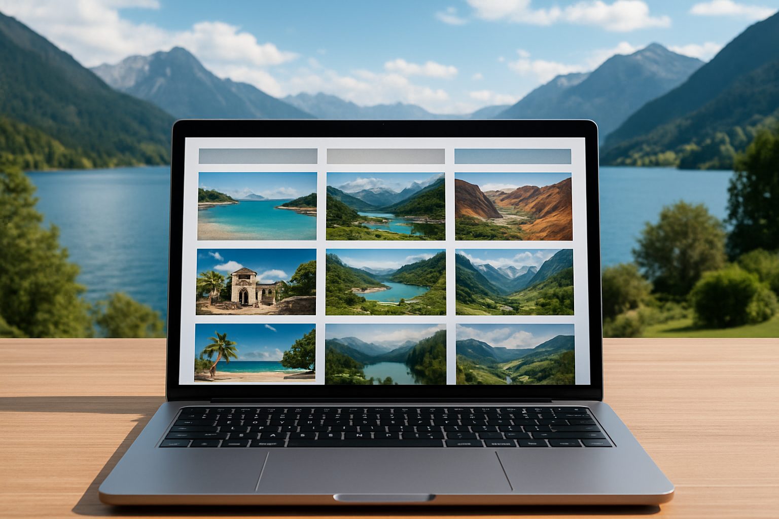 A laptop displaying a gallery of stunning nature landscapes with mountains and lakes in the background.