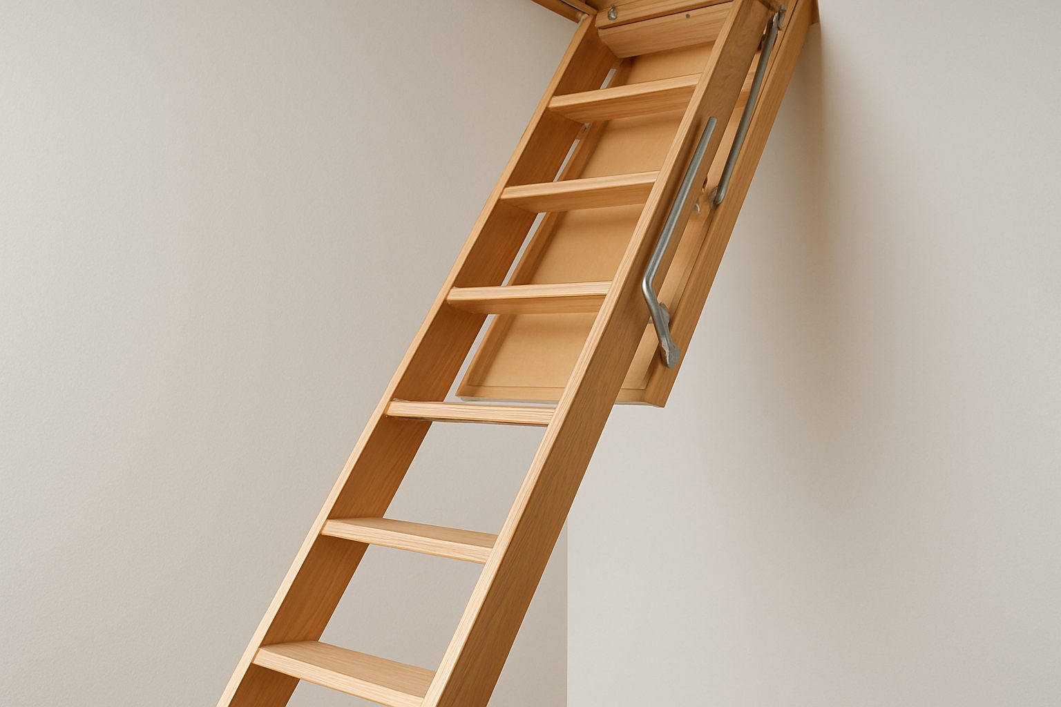 Wooden loft ladder extending into an attic space
